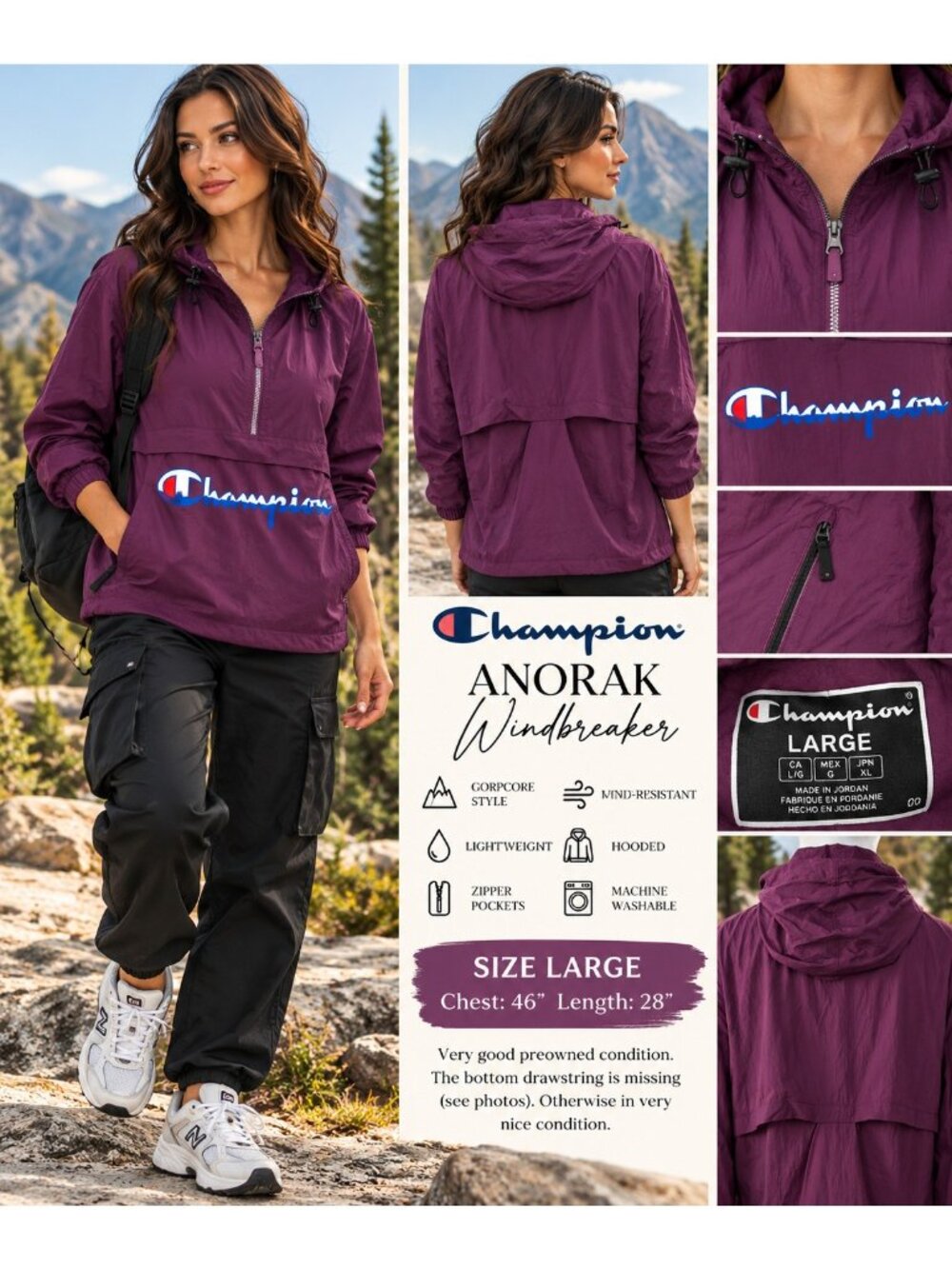 Champion Anorak Women L Purple Gorpcore 1/2 Zip Windbreaker Hooded Streetwear